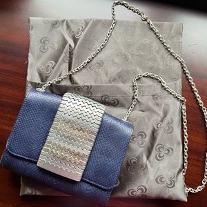 Misela Navy Leather Purse with chain strap and silver buckle